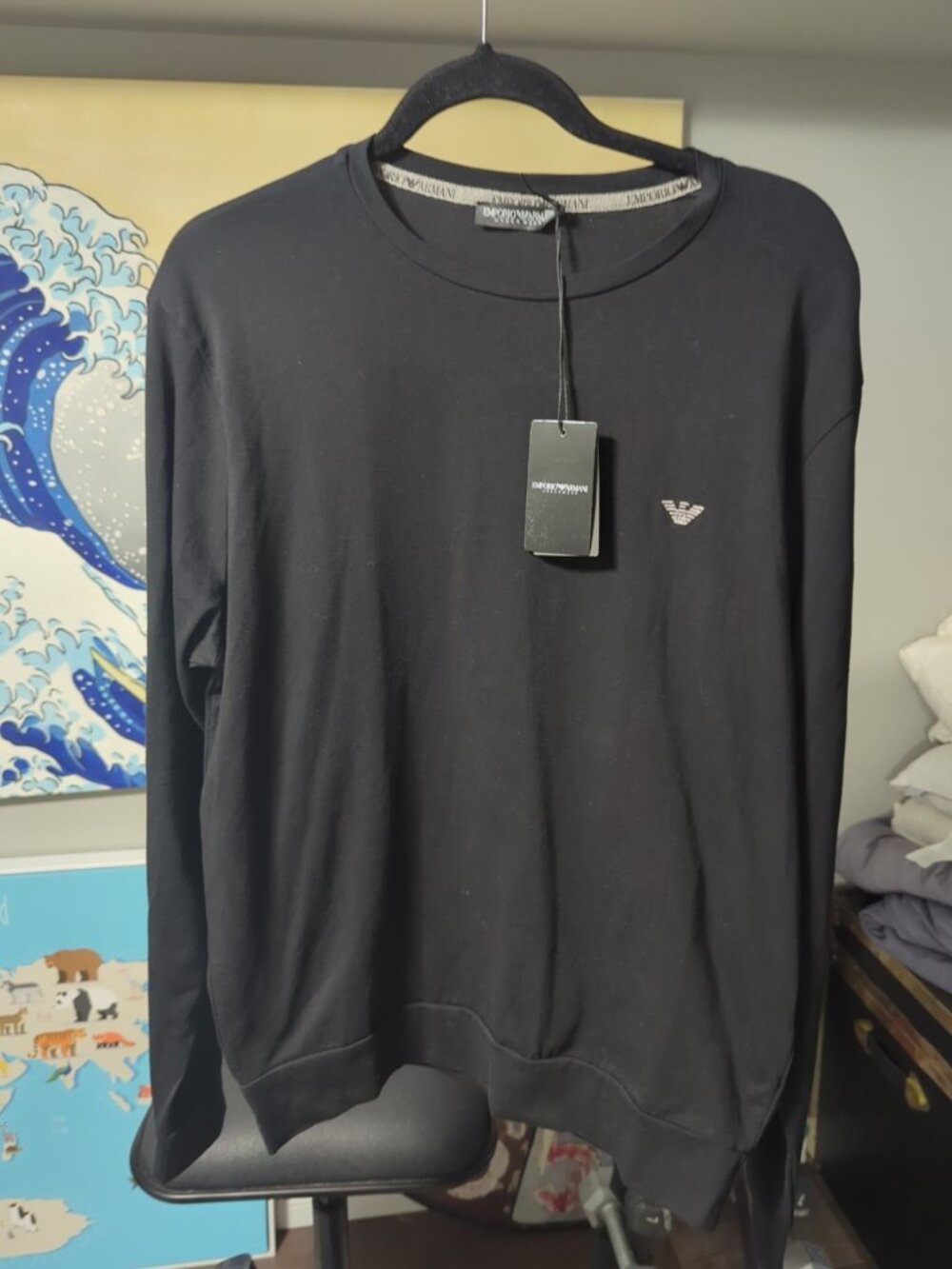 Emporio Armani Underwear Long Sleeve Crew Neck Tee Men Black Shirts Pyjama Large